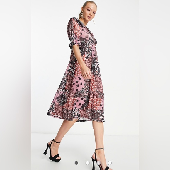 ASOS Dresses & Skirts - ASOS Miss Selfridge Floral Patchwork Smock Midid Dress Peter Pan Collar Size 2